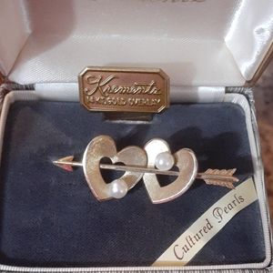 VINTAGE KREMENTZ 14K Cultured Pearl Hearts Brooch